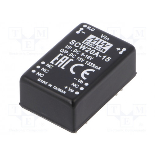 SCW20A-15; Converter: DC/DC; 20W; Uin: 9÷18V; 15VDC; Iout: 1333mA; DIP24; 18.5g; MEAN WELL