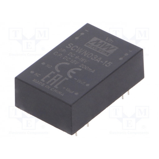 SCWN03A-15; Converter: DC/DC; 3W; Uin: 9÷18V; 15VDC; Iout: 200mA; DIP24; 12.5g; MEAN WELL