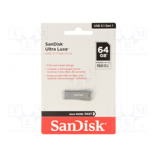 SDCZ74-064G-G46; Pendrive; USB 3.1; 64GB; 150MB/s; USB A; ULTRA LUXE; Colour: silver; SANDISK SDCZ74-064G-G46; Pendrive; USB 3.1; 64GB; 150MB/s; USB A; ULTRA LUXE; Colour: silver; SANDISK