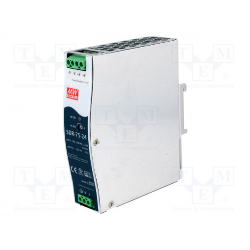 SDR-75-24; Power supply: switched-mode; 76.8W; 24VDC; 24÷28VDC; 3.2A; 510g; MEAN WELL