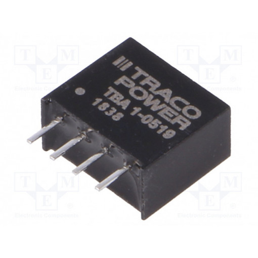 TBA 1-0519; Converter: DC/DC; 1W; Uin: 4.5÷5.5V; Uout: 9VDC; Iout: 110mA; SIP4; TRACO POWER TBA 1-0519; Converter: DC/DC; 1W; Uin: 4.5÷5.5V; Uout: 9VDC; Iout: 110mA; SIP4; TRACO POWER