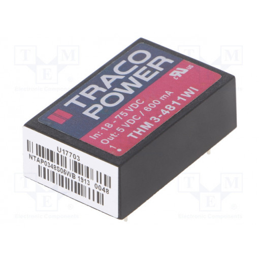 THM 3-4811WI; Converter: DC/DC; 3W; Uin: 18÷75V; 5VDC; Iout: 600mA; DIP24; 14g; TRACO POWER