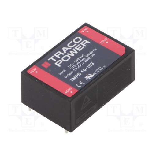 TMPS 10-103; Converter: AC/DC; 10W; Uout: 3.3VDC; Iout: 2600mA; 77%; Mounting: PCB; TRACO POWER
