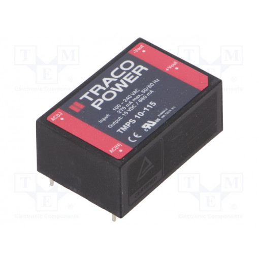 TMPS 10-115; Converter: AC/DC; 10W; Uout: 15VDC; Iout: 660mA; 84%; Mounting: PCB; TRACO POWER