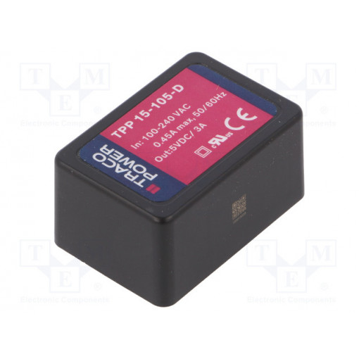 TPP 15-105-D; Converter: AC/DC; 15W; Uout: 5VDC; Iout: 3000mA; 86%; Mounting: PCB; TRACO POWER