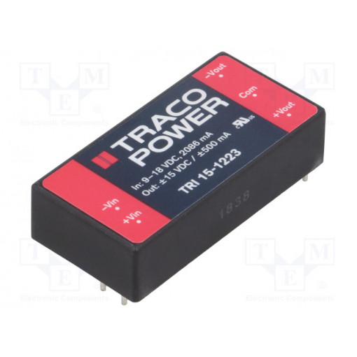 TRI 15-1223; Converter: DC/DC; 15W; Uin: 9÷18V; Uout: 15VDC; Uout2: -15VDC; 2