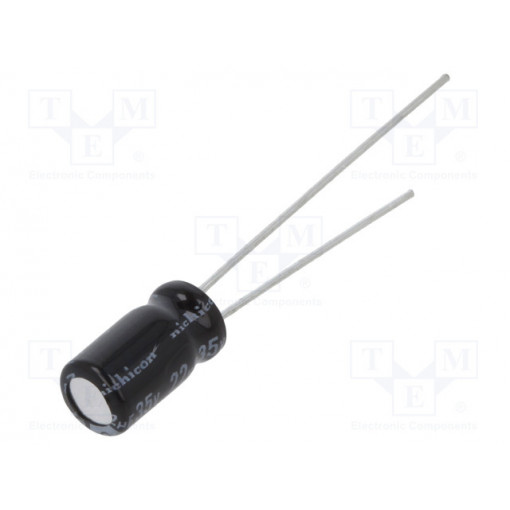URS1V220MDD1TD; Capacitor: electrolytic; THT; 22uF; 35VDC; Ø5x9mm; Pitch: 2mm; ±20%; NICHICON URS1V220MDD1TD; Capacitor: electrolytic; THT; 22uF; 35VDC; Ø5x9mm; Pitch: 2mm; ±20%; NICHICON