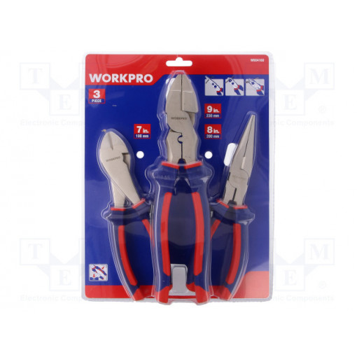W004160; Kit: pliers; Pcs: 3; cutting,flat,universal; Workpro