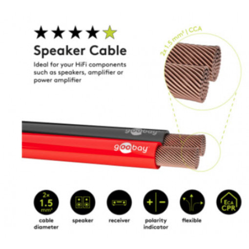 15023; Wire: loudspeaker cable; 2x1,5mm2; stranded; CCA; black-red; 100m; Goobay 15023; Wire: loudspeaker cable; 2x1,5mm2; stranded; CCA; black-red; 100m; Goobay