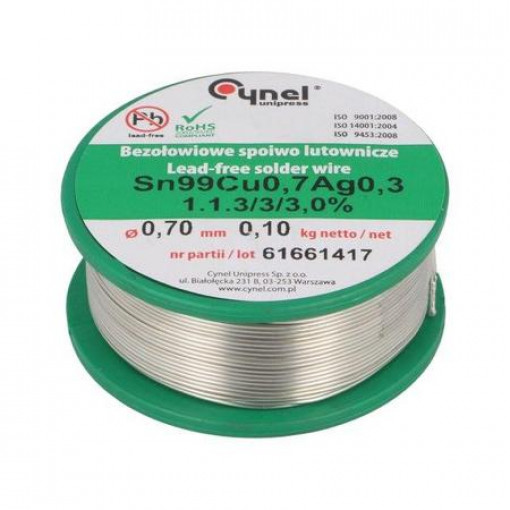 ; Soldering wire; Sn99Ag0,3Cu0,7; 700um; 100g; lead free; 216÷227°C; CYNEL