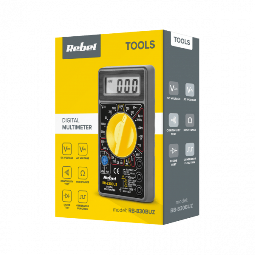 M830BUZ.REBEL; Ciparu multimetrs M-830B pīkstulis un hFE tests melns vai dzeltens korpuss