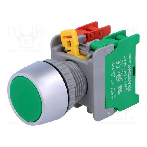 PBF22-1O/C G; Switch: push-button; Stabl.pos: 1; NC + NO; 3A/230VAC; 22mm; green; AUSPICIOUS PBF22-1O/C G; Switch: push-button; Stabl.pos: 1; NC + NO; 3A/230VAC; 22mm; green; AUSPICIOUS