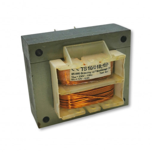 TS 10/018 TS - low power mains transformer  Primary: 230V Secondary: 12V-0.8A Core: EI 54/18 O D1