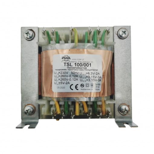 TSL 100/001; Transformer: mains; 230VAC; 260V; 260V; 3.15V; 3.15V; 5V; 6.3V; 0.12A; INDEL TSL 100/001; Transformer: mains; 230VAC; 260V; 260V; 3.15V; 3.15V; 5V; 6.3V; 0.12A; INDEL