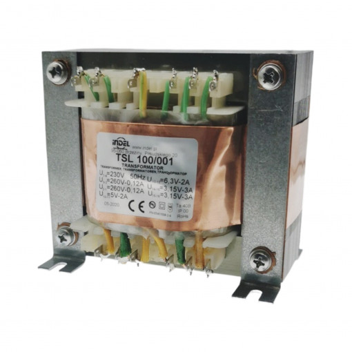 TSL 100/001; Transformer: mains; 230VAC; 260V; 260V; 3.15V; 3.15V; 5V; 6.3V; 0.12A; INDEL TSL 100/001; Transformer: mains; 230VAC; 260V; 260V; 3.15V; 3.15V; 5V; 6.3V; 0.12A; INDEL