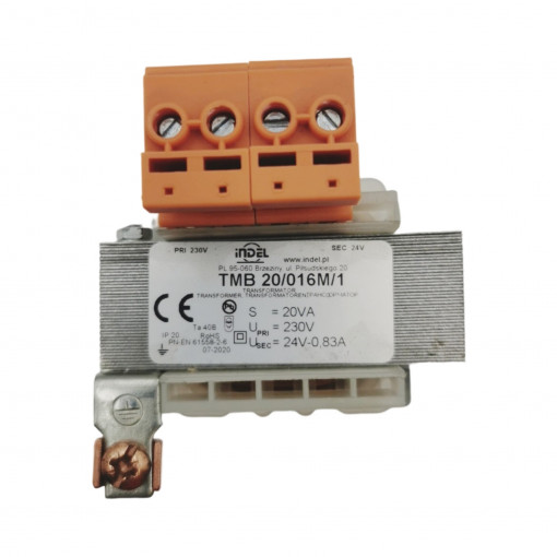 TMB 20/016M/1; Transformer: mains; 20VA; 230VAC; 24V; Leads: terminal block; IP00; INDEL TMB 20/016M/1; Transformer: mains; 20VA; 230VAC; 24V; Leads: terminal block; IP00; INDEL
