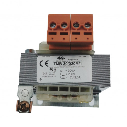 TMB 30/020M/1; Transformer: mains; 30VA; 230VAC; 12V; Leads: terminal block; 0.7kg; INDEL TMB 30/020M/1; Transformer: mains; 30VA; 230VAC; 12V; Leads: terminal block; 0.7kg; INDEL
