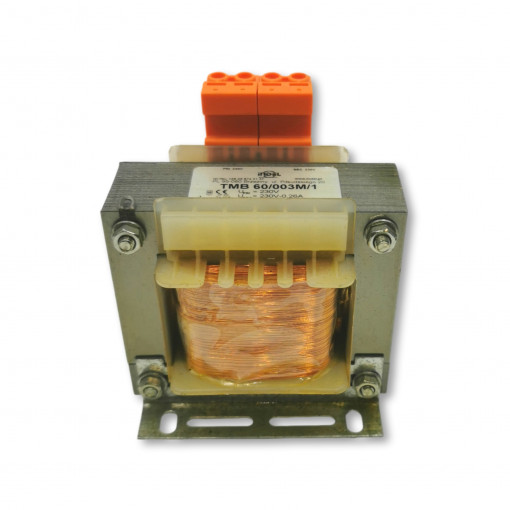 TMB 60/003M/1 TMB …/1 - mains transformers with mounting without baffle, with terminals Primary: 230V Secondary: 230V-0,26A Core: EI 78/27 TMB 60/003M/1 TMB …/1 - mains transformers with mounting without baffle, with terminals Primary: 230V Secondary: 230V-0,26A Core: EI 78/27