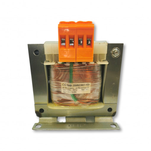 TMB 250/023M/1 TMB …/1 - mains transformers with mounting without baffle, with terminals Primary: 230V Secondary: 42V-5,95A Core: EI 96/60 TMB 250/023M/1 TMB …/1 - mains transformers with mounting without baffle, with terminals Primary: 230V Secondary: 42V-5,95A Core: EI 96/60