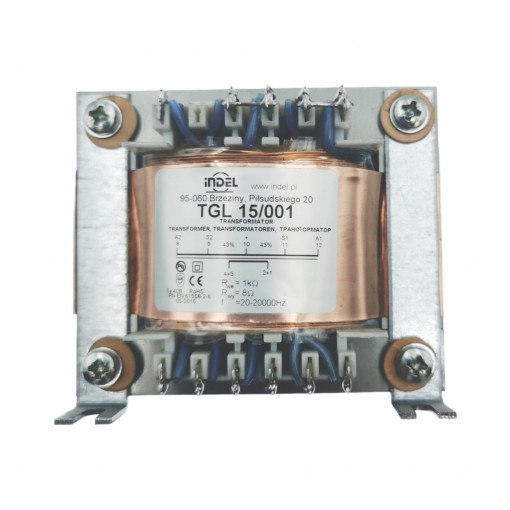 TGL 15/001; Transformer: speaker; 15VA; Sec.winding imped: 8Ω; 0.02÷20kHz; INDEL TGL 15/001; Transformer: speaker; 15VA; Sec.winding imped: 8Ω; 0.02÷20kHz; INDEL