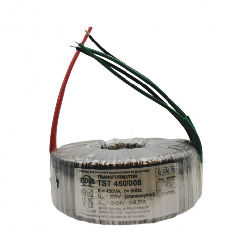 TST 450/008; Transformer: toroidal; 450VA; 230VAC; 24V; 24V; 9.37A; 9.37A; 4kg; INDEL