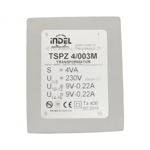TSPZ4/003; Transformer: encapsulated; 4VA; 230VAC; 9V; 9V; 0.22A; 0.22A; IP00; INDEL