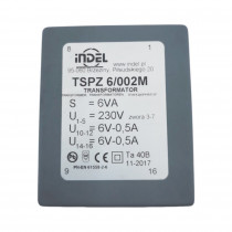 TSPZ6/002; Transformer: encapsulated; 6VA; 230VAC; 6V; 6V; 0.5A; 0.5A; IP00; INDEL TSPZ6/002; Transformer: encapsulated; 6VA; 230VAC; 6V; 6V; 0.5A; 0.5A; IP00; INDEL