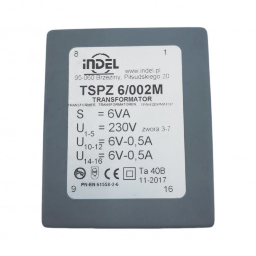 TSPZ6/002; Transformer: encapsulated; 6VA; 230VAC; 6V; 6V; 0.5A; 0.5A; IP00; INDEL