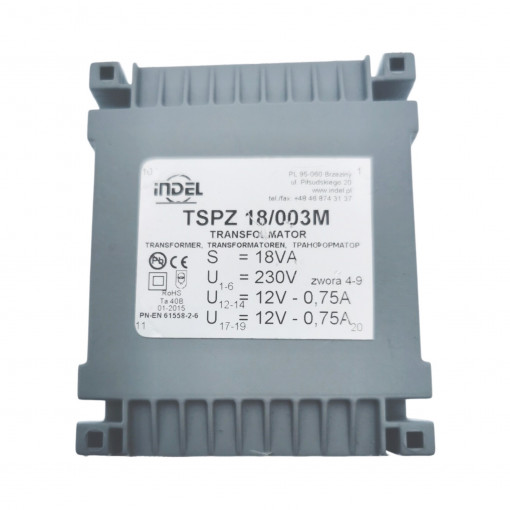 TSPZ 18/003 TSTZ .../...HW - toroidal hermetic mains transformers for halogen or LED lamps, sealed and cased with reversible thermal protection and replaceable fuse Primary: 115V lub 230V Secondary: 2x12V-2x0,75A Core: UI 39/13,5 TSPZ 18/003 TSTZ .../...HW - toroidal hermetic mains transformers for halogen or LED lamps, sealed and cased with reversible thermal protection and replaceable fuse Primary: 115V lub 230V Secondary: 2x12V-2x0,75A Core: UI 39/13,5