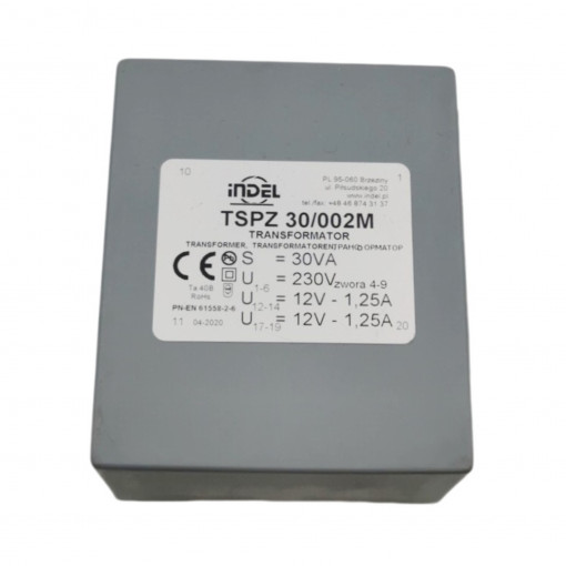 TSPZ30/002; Transformer: encapsulated; 30VA; 230VAC; 12V; 12V; 1.25A; 1.25A; INDEL TSPZ30/002; Transformer: encapsulated; 30VA; 230VAC; 12V; 12V; 1.25A; 1.25A; INDEL