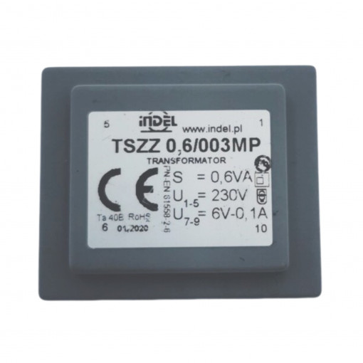 TSZZ0.6/003MP; Transformer: encapsulated; 0.6VA; 230VAC; 6V; 0.1A; Mounting: PCB; INDEL