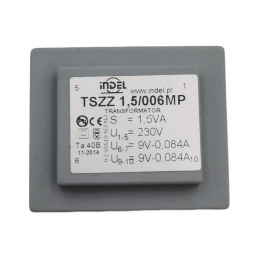TSZZ 1,5/006MP TSZZ - mains transformers for printed circuit board, sealed and cased, reduced size Primary: 230V Secondary: 9V-0,083A, 9V-0,083A Core: EI 30/10.5 OB G1 TSZZ 1,5/006MP TSZZ - mains transformers for printed circuit board, sealed and cased, reduced size Primary: 230V Secondary: 9V-0,083A, 9V-0,083A Core: EI 30/10.5 OB G1