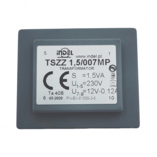 TSZZ1.5/007MP; Transformer: encapsulated; 1.5VA; 230VAC; 12V; 0.1A; Mounting: PCB; INDEL
