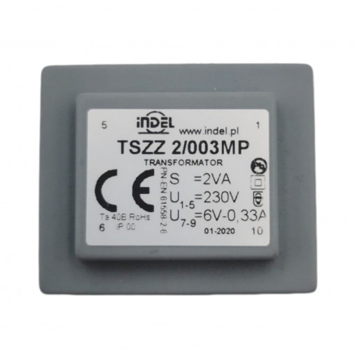 TSZZ2/003MP; Transformer: encapsulated; 2VA; 230VAC; 6V; 0.33A; Mounting: PCB; INDEL