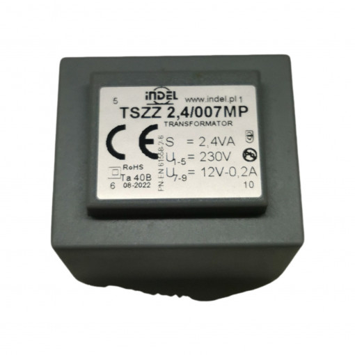 TSZZ 2,4/007MP TSZZ - mains transformers for printed circuit board, sealed and cased, reduced size  Primary: 230V Secondary: 12V-0,2A Core: EI 30/15.5 OB G1