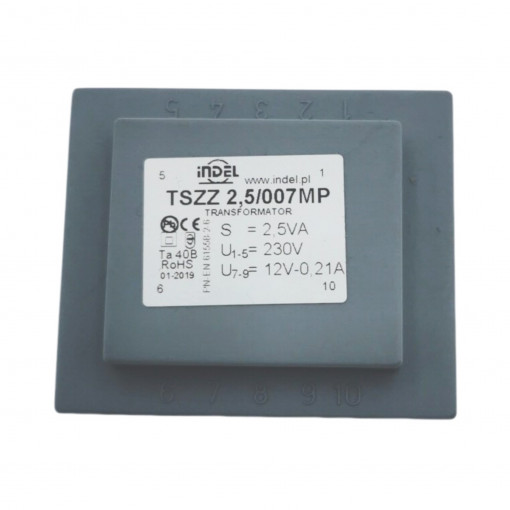 TSZZ2.5/007M; Transformer: encapsulated; 2.5VA; 230VAC; 12V; 0.2A; Mounting: PCB; INDEL