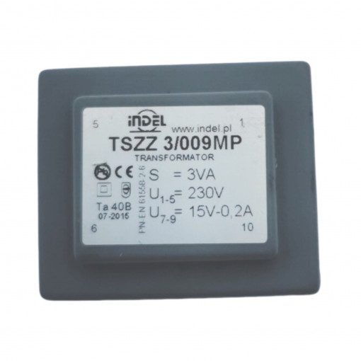 TSZZ3/009MP; Transformer: encapsulated; 3VA; 230VAC; 15V; 0.2A; Mounting: PCB; INDEL