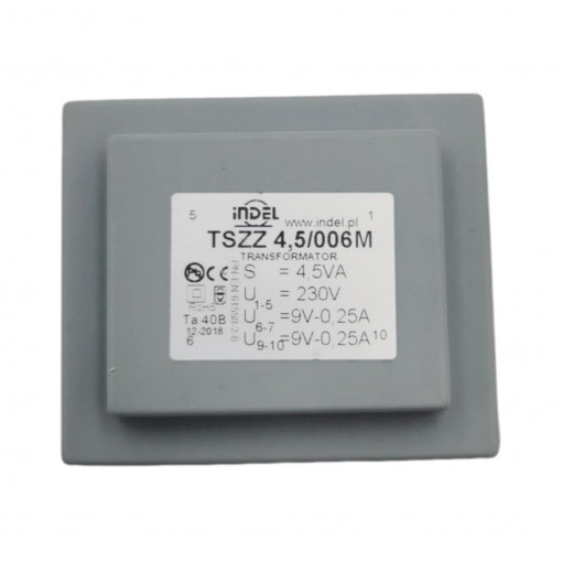 TSZZ 4,5/006M TSZZ - mains transformers for printed circuit board, sealed and cased, reduced size  Primary: 230V Secondary: 9V-0,25A, 9V-0,25A Core: EI 38/13.6 OB G1