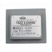 TSZZ 4,5/009M TSZZ - mains transformers for printed circuit board, sealed and cased, reduced size  Primary: 230V Secondary: 15V-0,3A Core: EI 38/13.6 OB G1 TSZZ 4,5/009M TSZZ - mains transformers for printed circuit board, sealed and cased, reduced size  Primary: 230V Secondary: 15V-0,3A Core: EI 38/13.6 OB G1