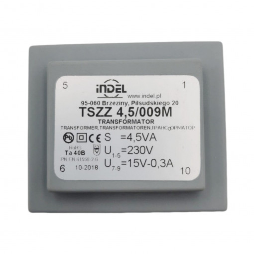 TSZZ 4,5/009M TSZZ - mains transformers for printed circuit board, sealed and cased, reduced size Primary: 230V Secondary: 15V-0,3A Core: EI 38/13.6 OB G1 TSZZ 4,5/009M TSZZ - mains transformers for printed circuit board, sealed and cased, reduced size Primary: 230V Secondary: 15V-0,3A Core: EI 38/13.6 OB G1