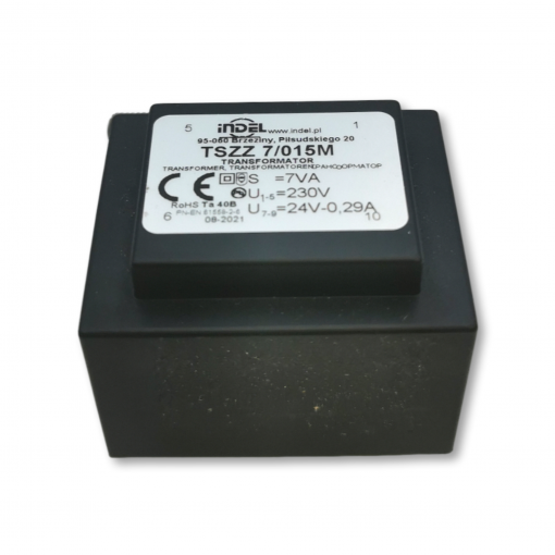 TSZZ7/015M; Transformer: encapsulated; 7VA; 230VAC; 24V; 0.29A; Mounting: PCB; INDEL