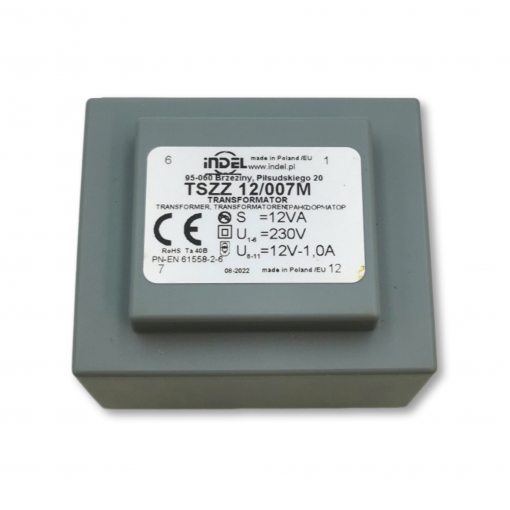 TSZZ12/007M; Transformer: encapsulated; 12VA; 230VAC; 12V; 1A; Mounting: PCB; INDEL