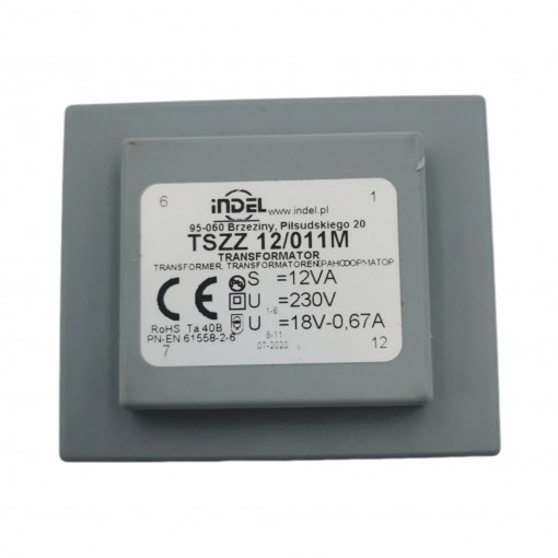 TSZZ12/011M; Transformer: encapsulated; 12VA; 230VAC; 18V; 0.66A; Mounting: PCB; INDEL