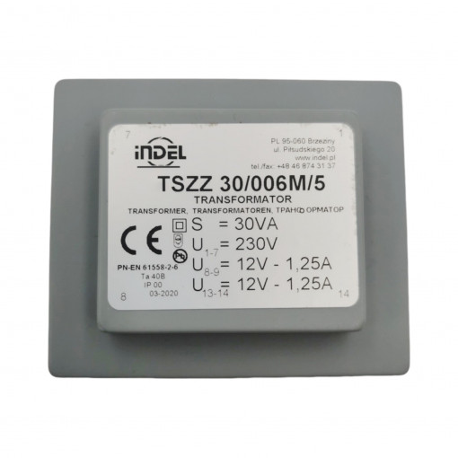 TSZZ30/006M/5; Transformer: encapsulated; 30VA; 230VAC; 12V; 12V; 1.25A; 1.25A; INDEL