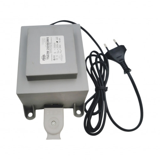 TSZZM 250/003M/5 TSZZM - mains transformers, sealed and cased, with mounting, input cable, output socket and plug, replaceable glass fuse  Primary:  Secondary: 24V -10.4A Core: EI 96/46 OB M PSG24