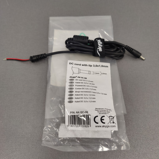 AK-SC-08; Cable; wires,DC 3,0/1,0 plug; angled; 0.5mm2; black; 1.2m; AKYGA