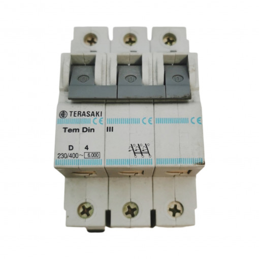 D-4A Circuit breaker; 230/400VAC; Inom: 4A; Poles: 3; DIN; Charact: D; TERASAKI D-4A Circuit breaker; 230/400VAC; Inom: 4A; Poles: 3; DIN; Charact: D; TERASAKI