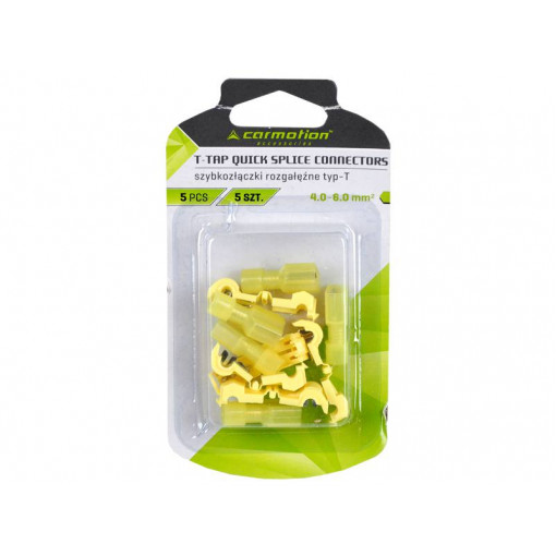 Ātri presējamie zaru savienotāji-T tips, dzeltens, 4,0-6,0 mm, 15 A max, iepakojums 5gab Ātri presējamie zaru savienotāji-T tips, dzeltens, 4,0-6,0 mm, 15 A max, iepakojums 5gab
