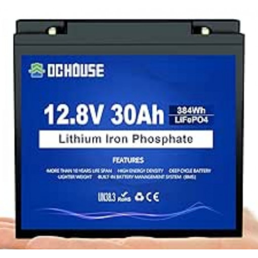 12V 30Ah LiFePO4 deep cycle lithium battery Rechargeable with 4000+ deep cycle and BMS protection for lawn mower, Solar panel, boat with motor, motorhome, camping