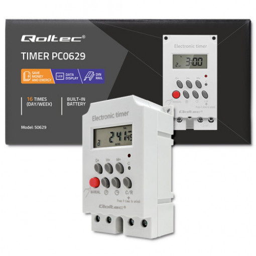 50629; Programmable time switch; for DIN rail mounting; LCD; 50÷60Hz; QOLTEC; QOLTEC-50629 50629; Programmable time switch; for DIN rail mounting; LCD; 50÷60Hz; QOLTEC; QOLTEC-50629